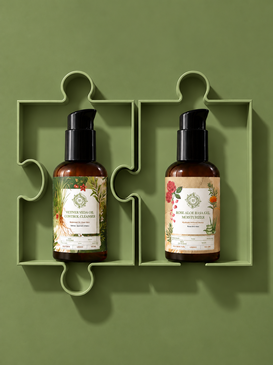 Vetiver Veda Oil Control Cleanser and Rose Aloe Rasa Gel Moisturizer